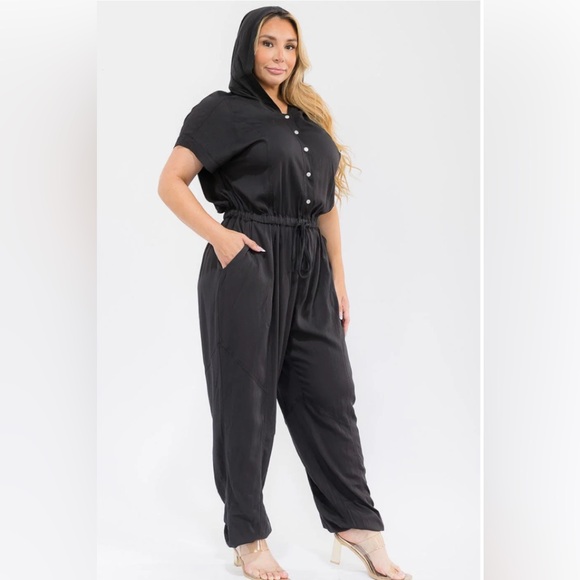 Sold Out - PLUS SIZE SHORT SLEEVE BUTTON WAIST HOODED JOGGER JUMPSUIT - Picture 3 of 4